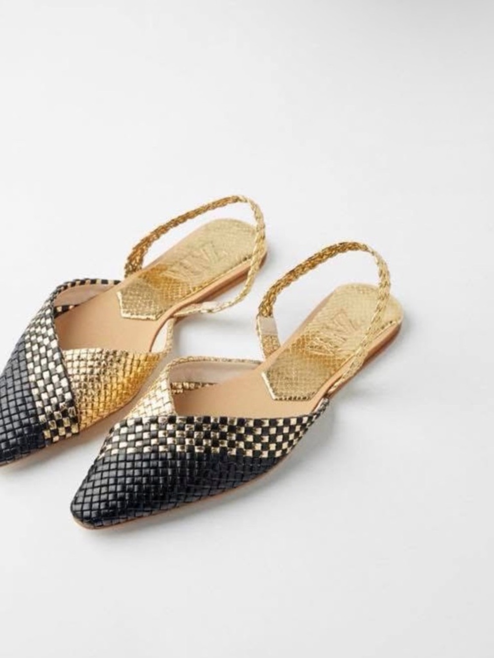Zara Gold and Black Woven Pointed Slingback Flats